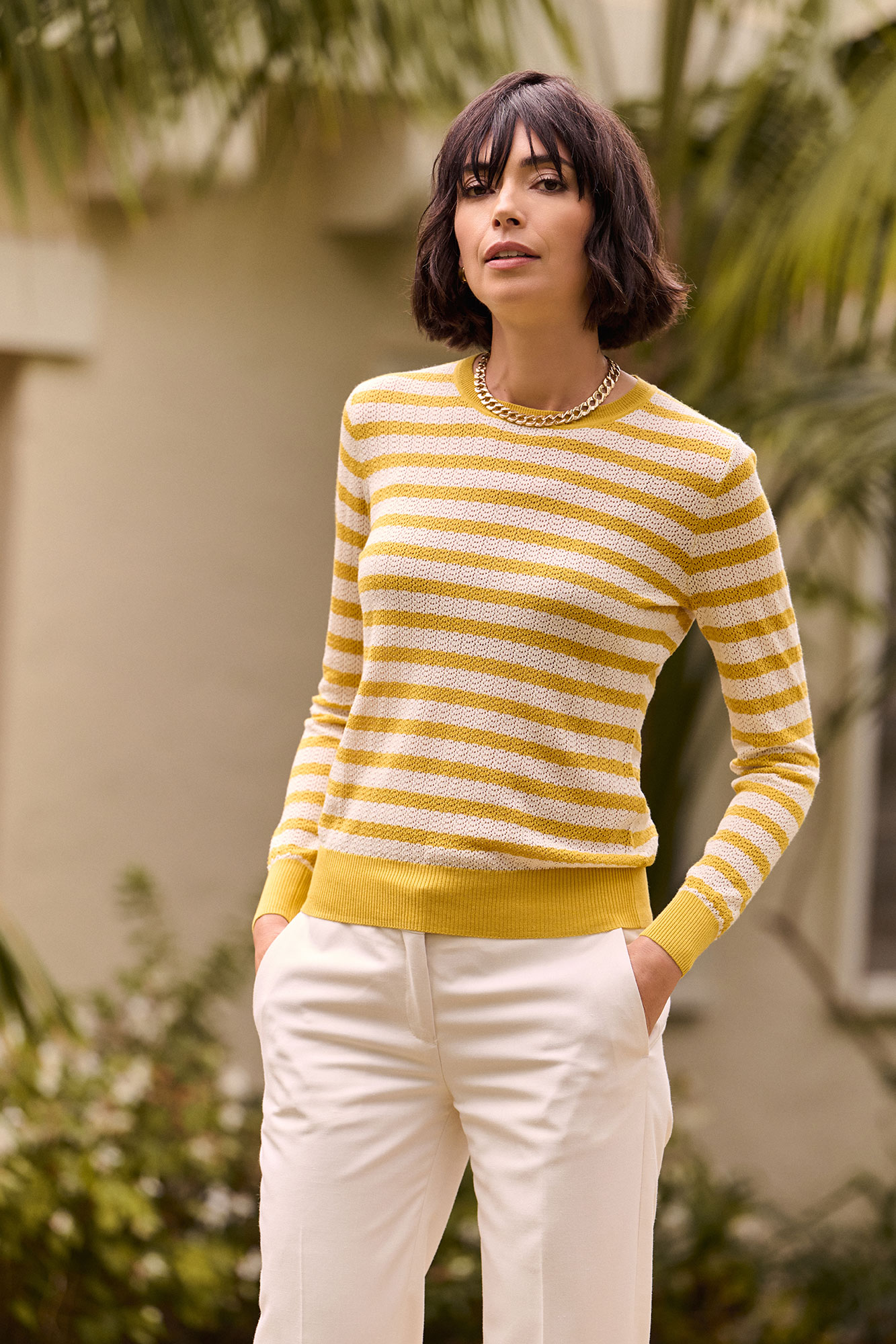 Yellow Striped Open Stitch Long Sleeve Knit