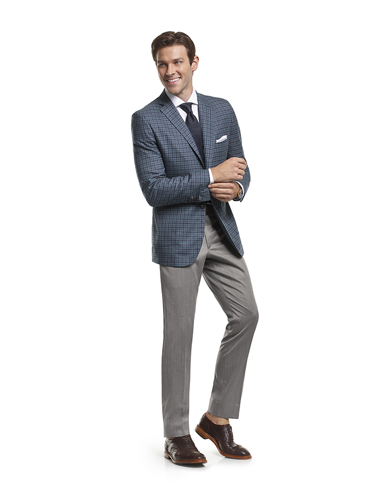 Men's Modern Custom Suit Gallery                                                                                                                                                                                                                          , Super 140's Gray & Teal Windowpane Check - Custom Sport Coat & Custom Trousers