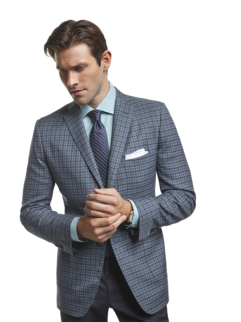 Men's Modern Custom Suit Gallery                                                                                                                                                                                                                          , Super 140's Gray & Teal Windowpane Check - Made-To-Measure Sport Coat & Custom Gaberdine Trousers