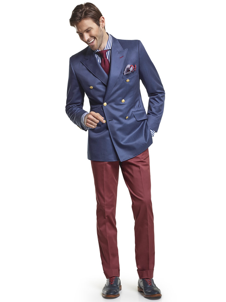 Men's Modern Custom Suit Gallery                                                                                                                                                                                                                          , Super 120's Royal Blue Melange - Custom Double Breasted Blazer & Custom Oxblood Red Plain Trousers