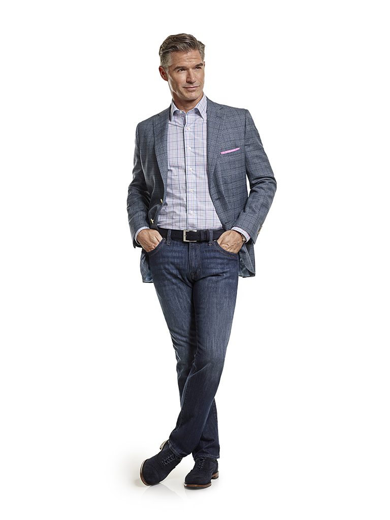 Men's Tradition Custom Suit Gallery                                                                                                                                                                                                                       , Super 100's Blue Mix Plaid Sportscoat & 34 Heritage Jeans