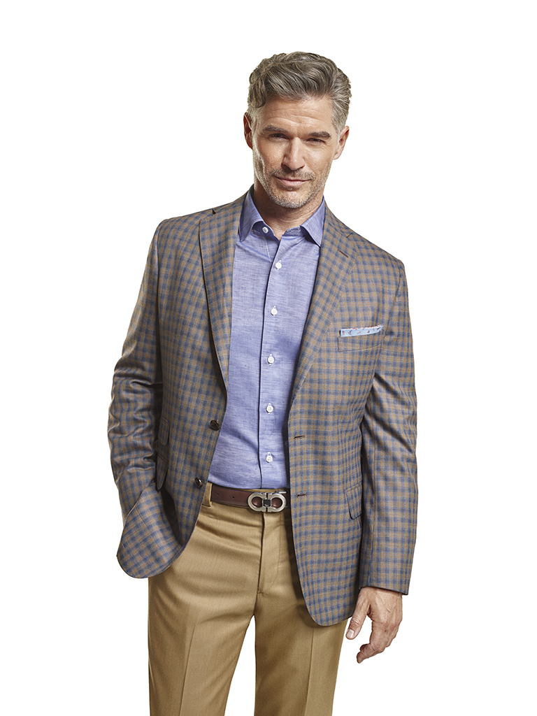 Men's Tradition Custom Suit Gallery                                                                                                                                                                                                                       , Super 140's Taupe & Blue Windowpane Check - Custom Tailored Sport Coat
