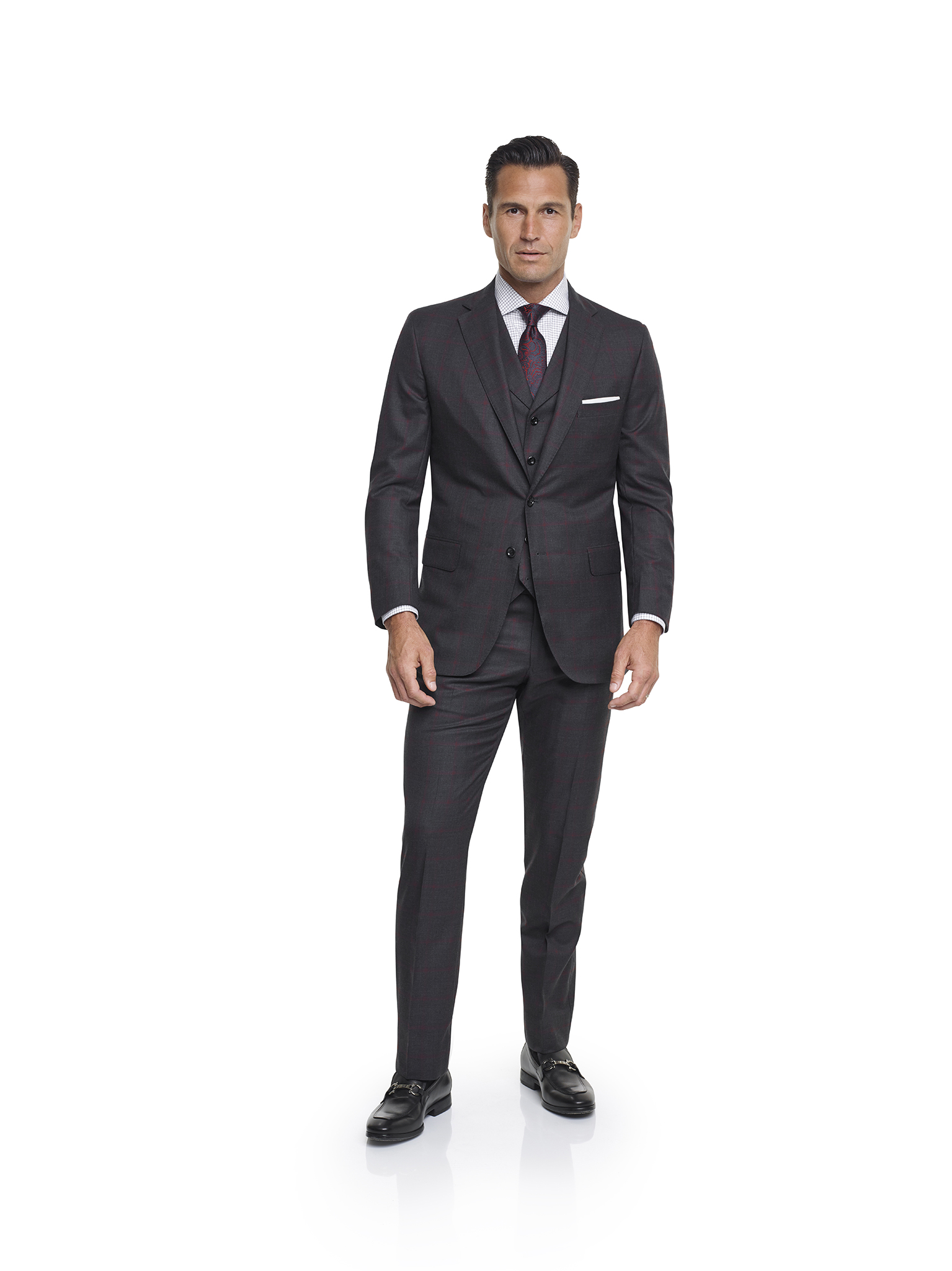Charcoal & Red Windowpane Suit - Super 140