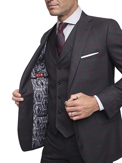 Custom Charcoal & Red Windowpane Suit - Super 140's Wool