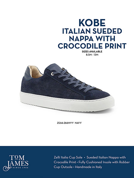 Zelli Sportswear Catalog Spring 2026                                                                                                                                                                                                                      , Navy Kobe Crocodile Embossed Italian Sueded Goatskin Sneaker - Zelli