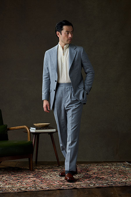 Light Gray Flannel Suit With Fisherman Cable 1/4 Zip Knit