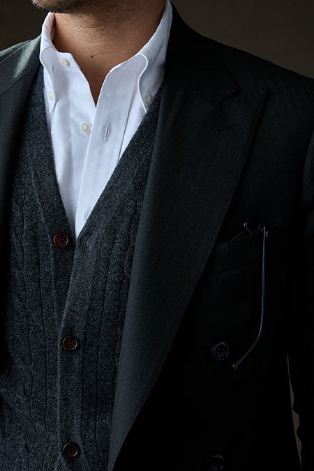 Charcoal Herringbone Suit With Charcoal Cable Knit Cardigan