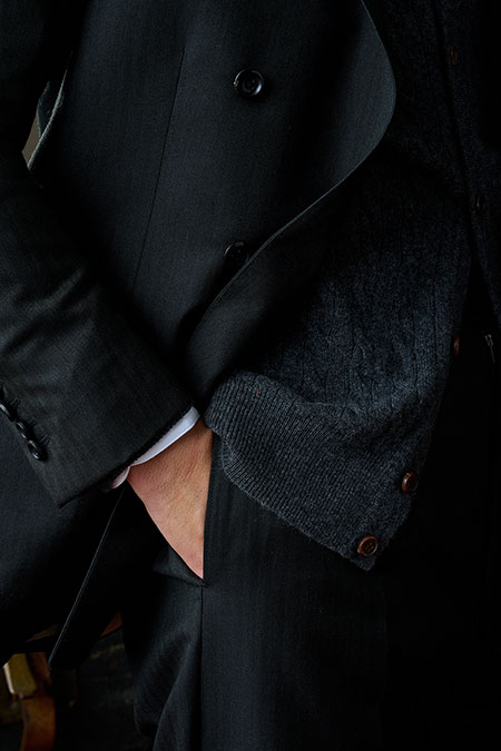 Charcoal Herringbone Suit With Charcoal Cable Knit Cardigan