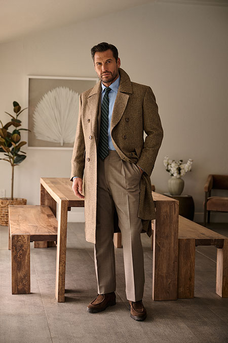 Tan Herringbone Tweed Topcoat