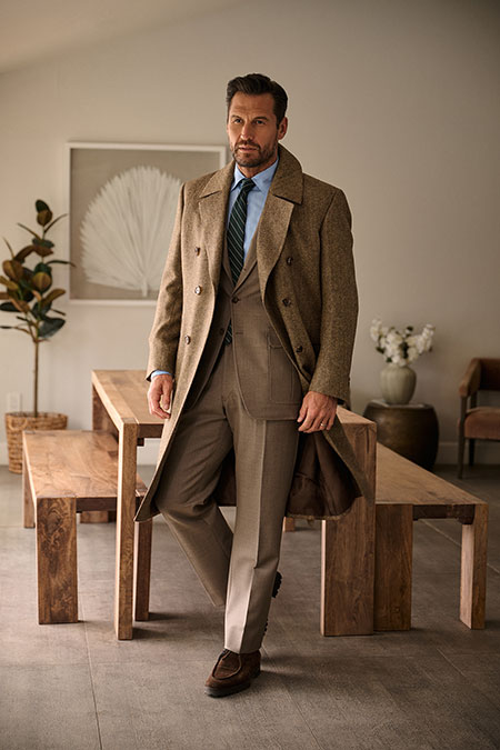 Men's FW26 Lookbook                                                                                                                                                                                                                                       , Tan Herringbone Tweed Topcoat