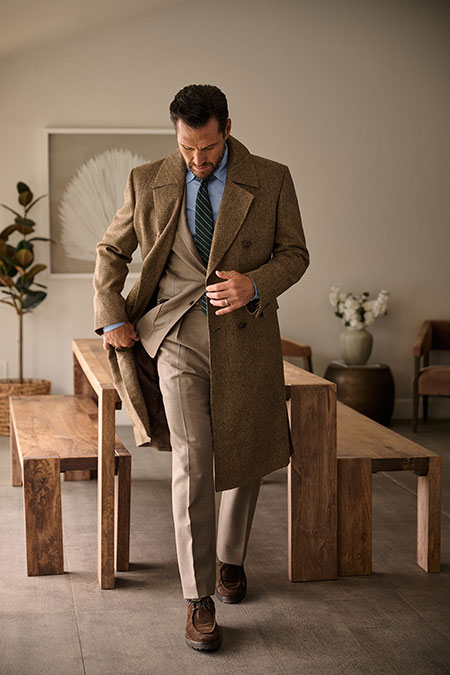 Tan Herringbone Tweed Topcoat