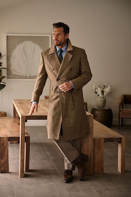 Tan Herringbone Tweed Topcoat