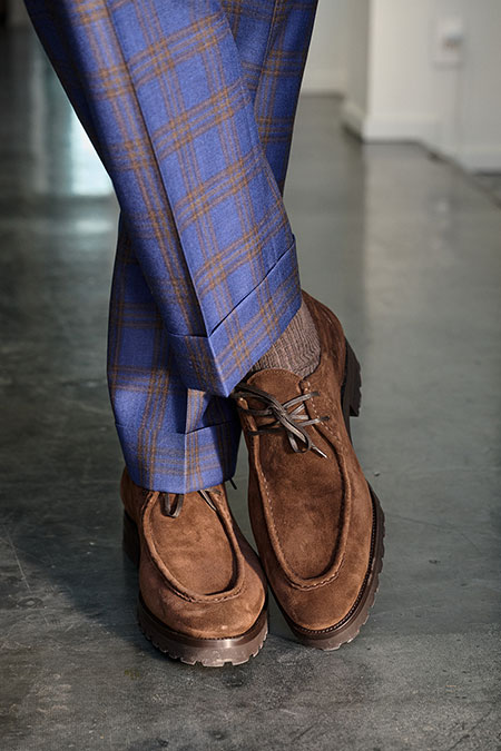 Men's FW26 Lookbook                                                                                                                                                                                                                                       , Blue & Brown Plaid Trouser with Zelli Footwear