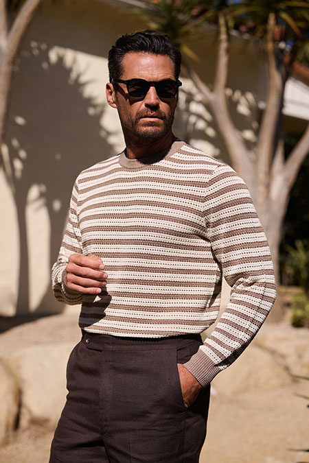 Spring Summer 26 Men's Lookbook                                                                                                                                                                                                                           , Brown Striped Open Knit Long Sleeve Tee