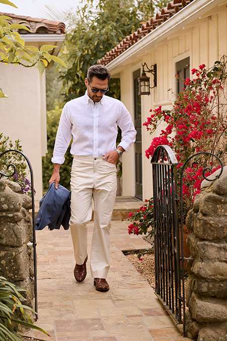 Spring Summer 26 Men's Lookbook                                                                                                                                                                                                                           , White Linen Button Down Shirt
